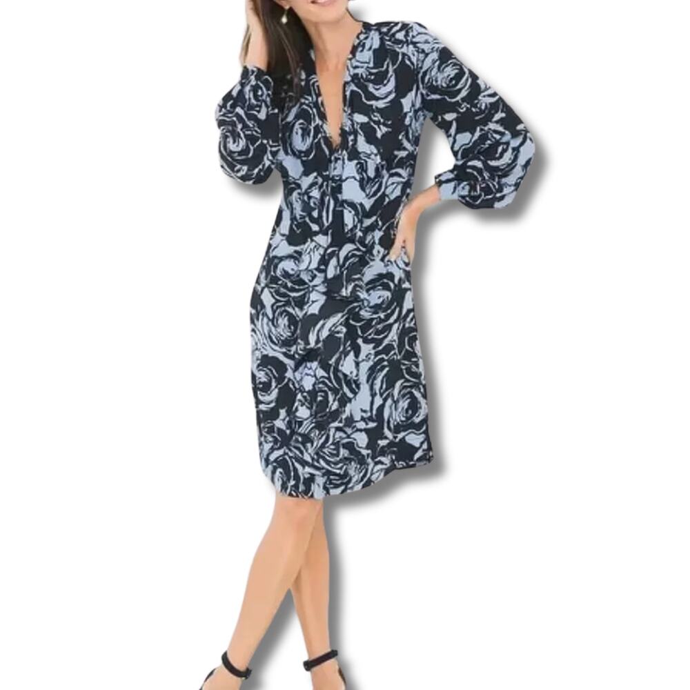 Chico's Black Label NWT Ruffle Dress Blue Floral M Long Sleeve Black V-Neck New